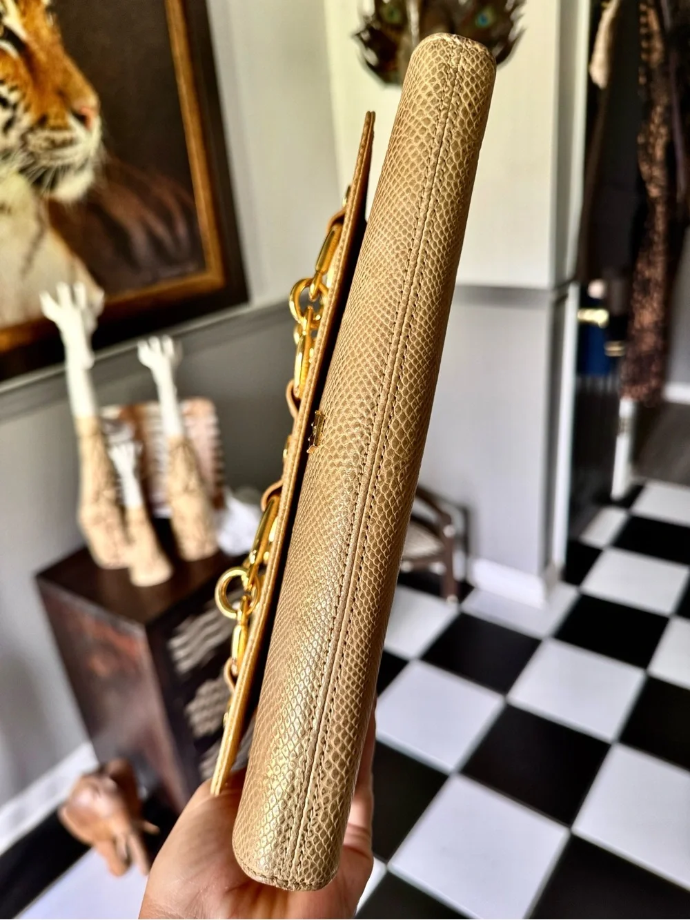 Elaine Turner Metallic Gold Textured Clutch with Chain Hardware nwot